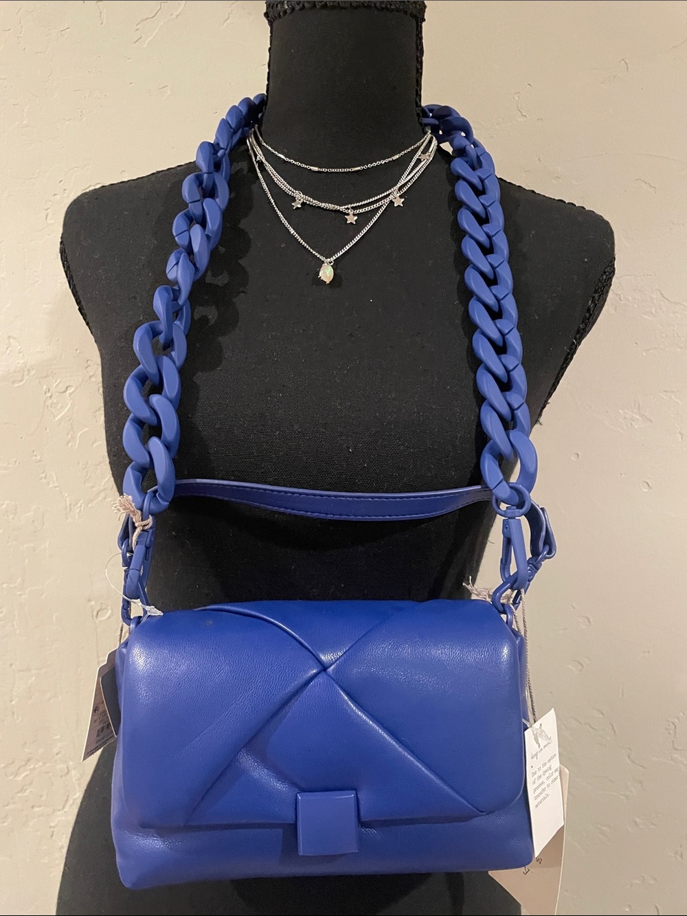 Low Start Blue Quilted Crossbody Shoulder Bag with Chunky Chain Strap